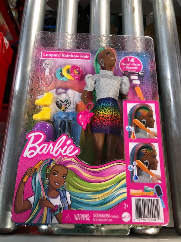 Photo 2 of Barbie Leopard Rainbow Hair Doll (Brunette) with Color-Change Hair Feature, 16 Hair & Fashion Play Accessories Including Scrunchies **NEW**