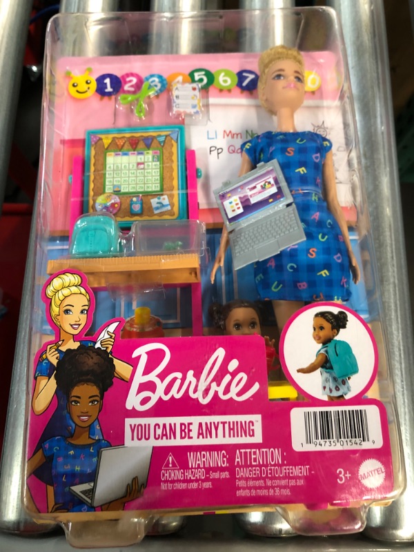 Photo 2 of Barbie Teacher Doll (Blonde),Toddler Doll (Brunette), Flip Board, Laptop, Backpack, Toddler Desk, Pet Turtle **NEW**