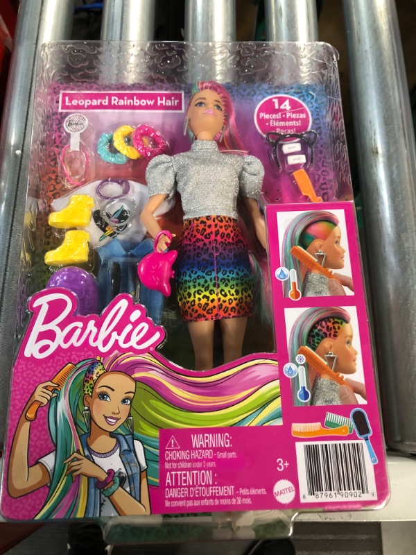 Photo 2 of Barbie Leopard Rainbow Hair Doll (Blonde) with Color-Change Hair Feature, 16 Hair & Fashion Play Accessories **NEW**