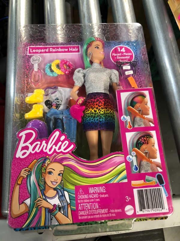 Photo 2 of Barbie Leopard Rainbow Hair Doll (Blonde) with Color-Change Hair Feature, 16 Hair & Fashion Play Accessories**NEW**