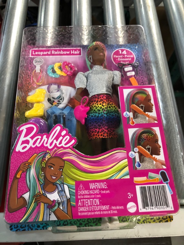 Photo 2 of Barbie Leopard Rainbow Hair Doll (Brunette) with Color-Change Hair Feature, 16 Hair & Fashion Play Accessories **NEW**