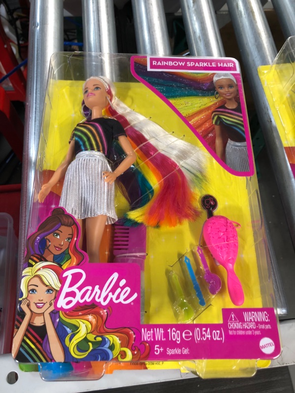 Photo 1 of Barbie Rainbow Sparkle Hair Doll Featuring Extra-Long 7.5-inch Blonde Hair with a Hidden Rainbow of Five Colors, Sparkle Gel and Comb and Hairstyling Accessories,