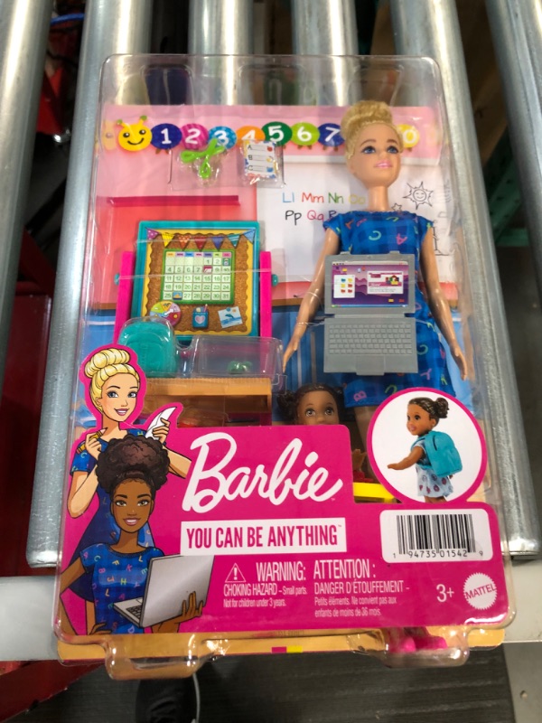 Photo 2 of Barbie Teacher Doll (Blonde),Toddler Doll (Brunette), Flip Board, Laptop, Backpack, Toddler Desk, Pet Turtle