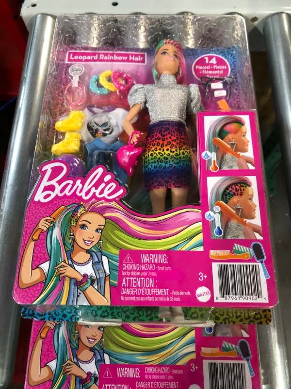 Photo 2 of Barbie Leopard Rainbow Hair Doll (Blonde) with Color-Change Hair Feature, 16 Hair & Fashion Play Accessories 