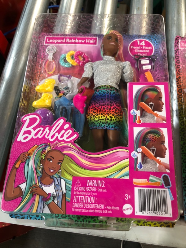 Photo 2 of Barbie Leopard Rainbow Hair Doll (Brunette) with Color-Change Hair Feature, 16 Hair & Fashion Play Accessories **NEW**