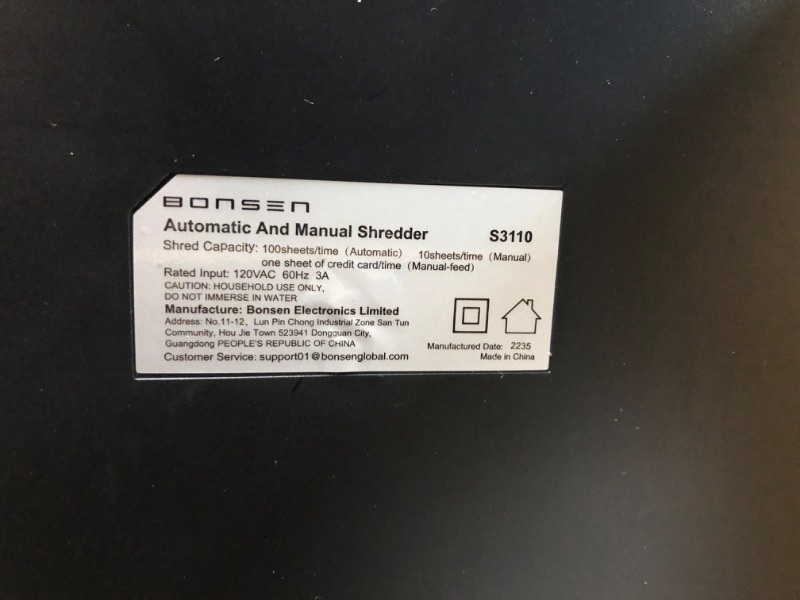 Photo 3 of BONSEN 100-Sheet Auto Feed Paper Shredder High Security Micro Cut Shredders 6-Gallon Bin (S3110) 100-Sheet Autofeed