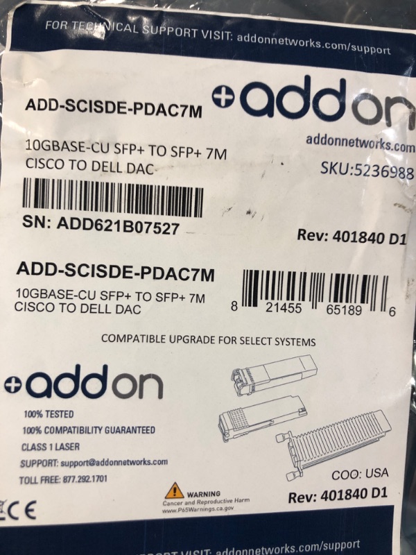 Photo 3 of AddOn Networks ADD-SCISDE-PDAC7M 10GBASE-CU SFP+ TO SFP+ 7M CISCO TO DELL DAC
