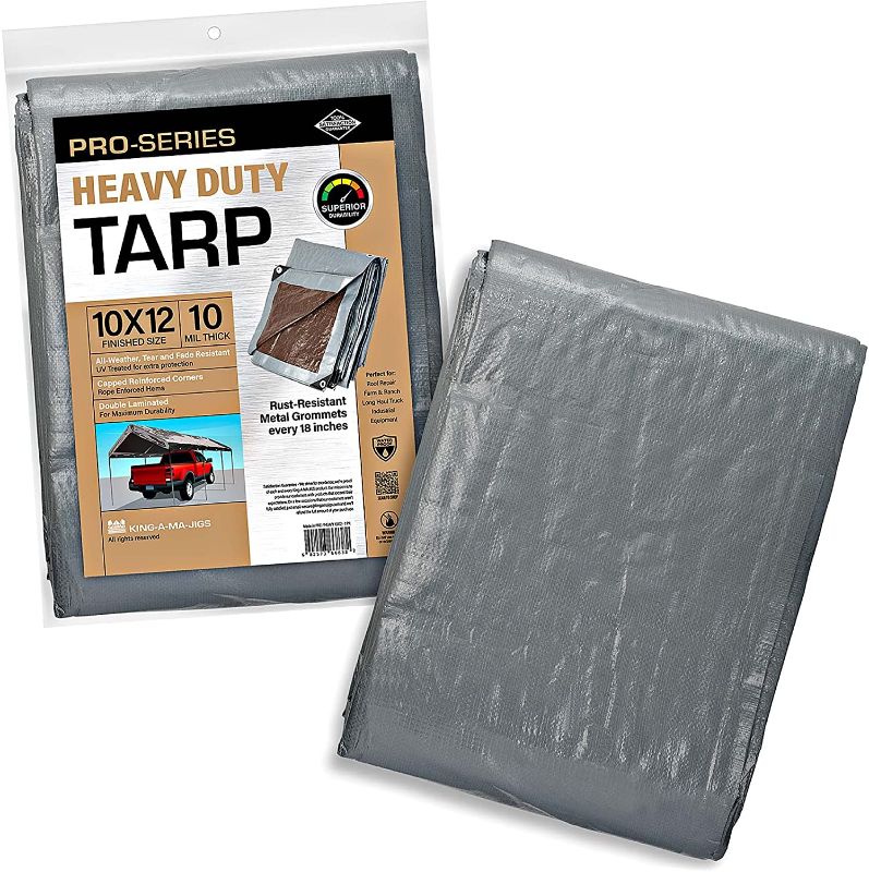 Photo 1 of 10x12 Heavy Duty Tarp, 10 Mil Thick, Waterproof, Tear & Fade Resistant, High Durability, UV Treated, Grommets Every 18 Inches. (Silver / Brown - Reversible) (10 x 12 Feet)