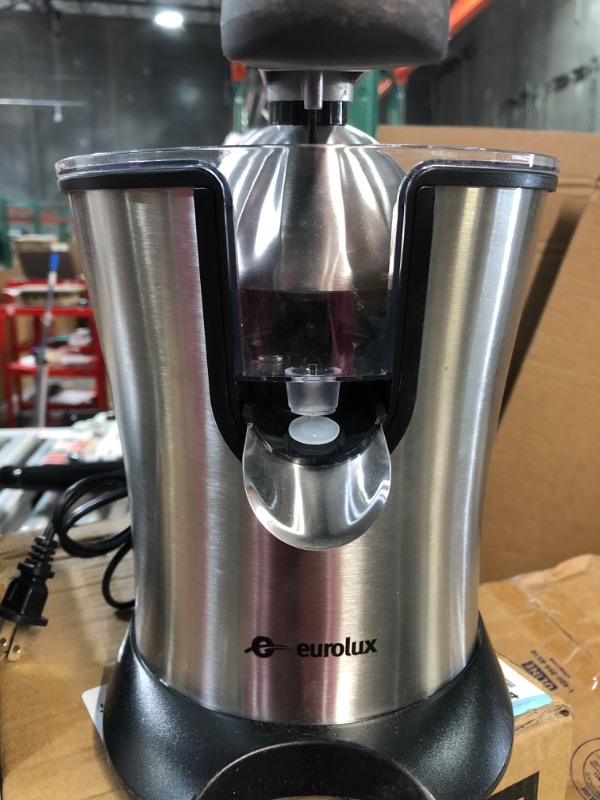 Photo 3 of **USED** MISSING PARTS** Eurolux Electric Orange Juicer Squeezer Stainless Steel 160 Watts of Power 8.5"D x 9.5"W x 14.2"H