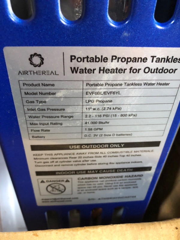 Photo 4 of Airthereal 6L 1.58GPM Outdoor Portable Propane Gas Tankless Water Heater,