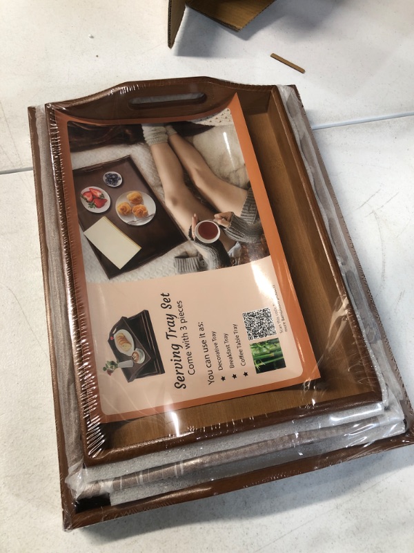 Photo 2 of Bamboo Serving Trays with Handles, Large Wooden Tray for Serving Food Set of 3 (Walnut)