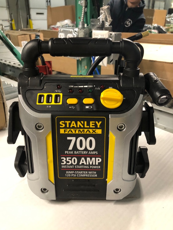 Photo 2 of STANLEY FATMAX J7CS Portable Power Station Jump Starter: 700 Peak/350 Instant Amps, 120 PSI Air Compressor, 3.1A USB Ports, Battery Clamps