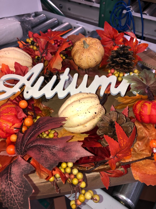 Photo 2 of 16 Inch Artificial Fall Wreath for Front Door,Autumn Harvest Wreath with Pumpkin Maple Berry Thanksgiving