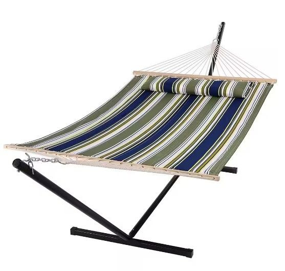 Photo 1 of 12 ft. Free Standing, 475 lbs. Capacity, Heavy-Duty 2-Person Hammock with Stand and Detachable Pillow in Blue and Aqua