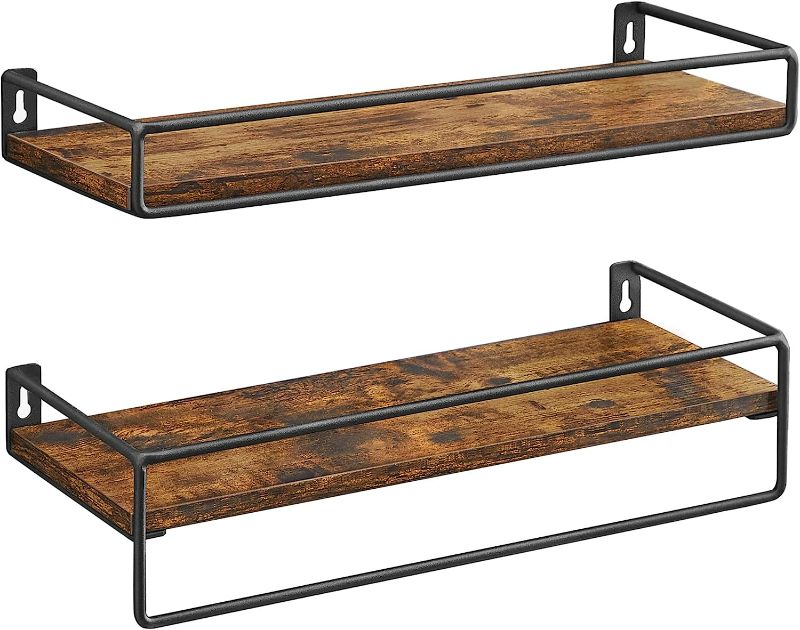 Photo 1 of  Floating Shelves, Set of 2, Wall Shelves with Towel Rack, Wood Shelves for Wall, for Bedroom, Kitchen, Living Room, Rustic Brown and Black ULWS441B01