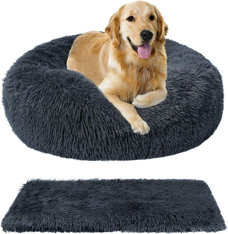 Photo 1 of JATEN Calming Dog Beds for Large Dogs with Blanket, Faux Fur Cat Beds Donut Cuddler, Comfy Self Warming Pet Bed Fits up to 55 lbs Pets, Dark Grey