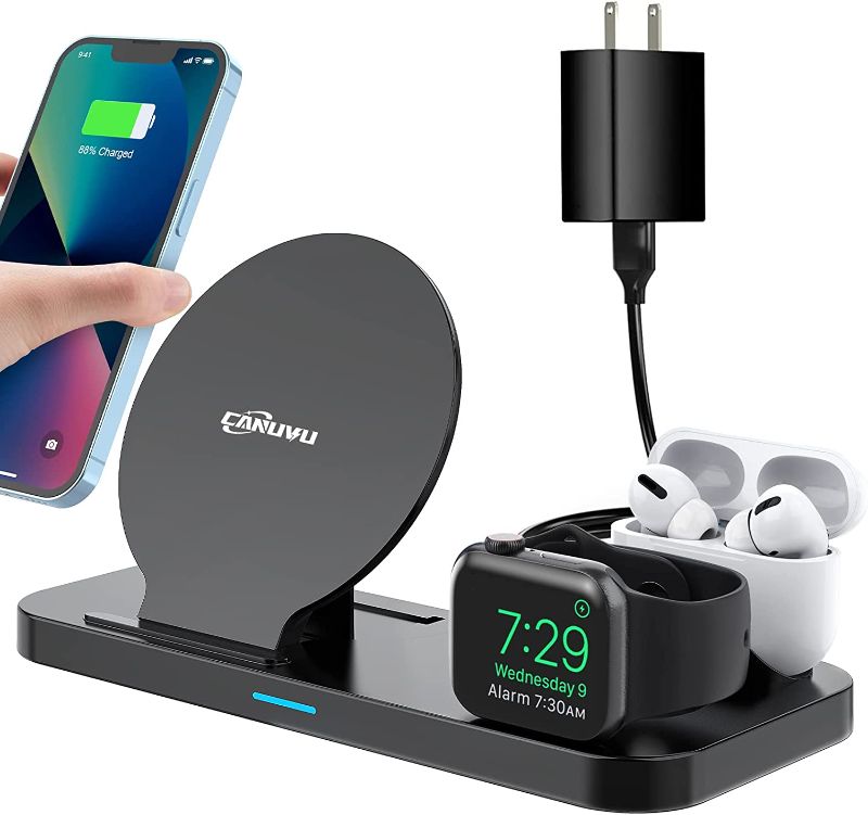 Photo 2 of Wireless Charger, CANUVU 3 in 1 Fast Charging Station Compatible iPhone 14/13/12/11 Series/X/XS/XS Max/XR/8, Android Phone, Apple Watch & AirPods(with QC3.0 Adapter) Black