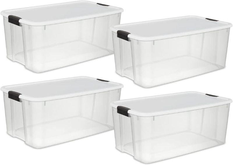 Photo 1 of **SEE NOTES** Sterilite 19909804 116 Quart/110 Liter Ultra Latch Box, Clear with a White Lid and Black Latches, 4-Pack