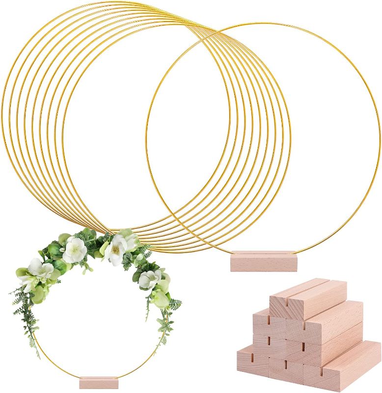 Photo 1 of 10 Pack 12 Inch Large Metal Floral Hoops, Metal Floral Hoop Centerpiece with 10 PCS Wood Place Card Holders, Wreath Macrame Gold Hoop Rings for DIY Wedding Table Decor Dream Catcher