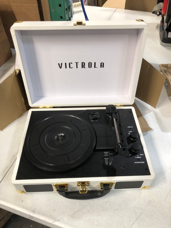 Photo 2 of Victrola Vintage 3-Speed Bluetooth Portable Suitcase Record Player with Built-in Speakers | Upgraded Turntable Audio Sound| White (VSC-550BT-WH) White Record Player