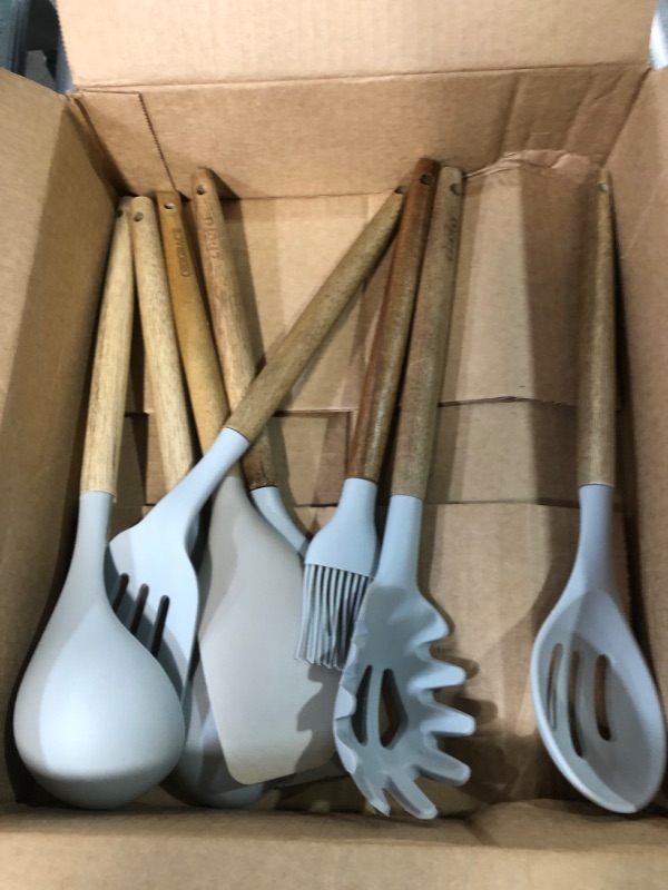 Photo 2 of -USED(SEE PICTURES!!!)-Silicone Cooking Utensils| Acacia Wood - Light Grey Light Gray