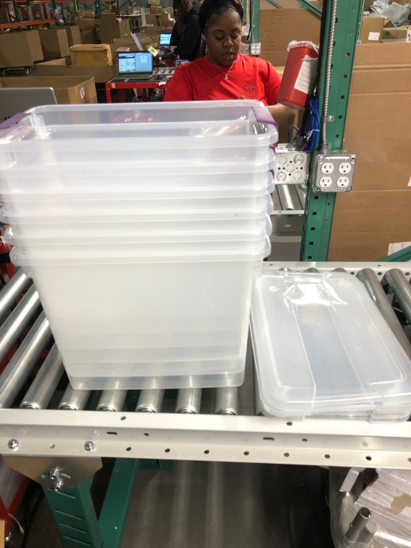 Photo 2 of -MISSING TWO LIDS-Sterilite 17631706 27 Quart/26 Liter ClearView Latch Box, Clear with Sweet Plum Latches, 6-Pack 6-Pack 27 Quart Solid