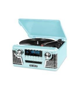 Photo 2 of Victrola 50's Retro Bluetooth Record Player & Multimedia Center & Vintage Vinyl Record Storage and Carrying Case, Fits All Standard Records - 33 1/3 Teal Record Player + Case,black