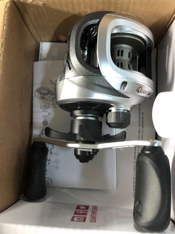 Photo 2 of Quantum Accurist Baitcast Fishing Reel, Size 100 Reel, Oversized Non-Slip Handle Knobs and Continuous Anti-Reverse Clutch, One-Piece Aluminum Frame 6.3:1 Gear Ratio - Rh - White, left hand