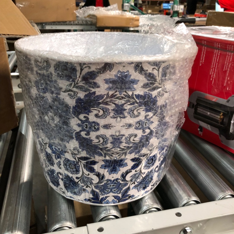 Photo 2 of 12in. Oriental Blue and White Classic Round Metal Planter