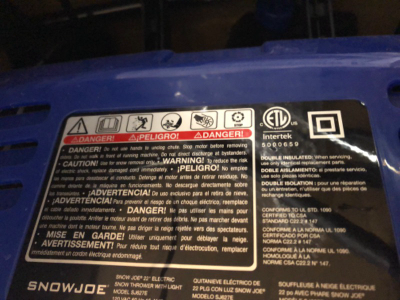 Photo 1 of *Used* Snow Joe SJ627E 22" Electric Snow Thrower with Dual LED Lights - 15-Amp - Black/Blue