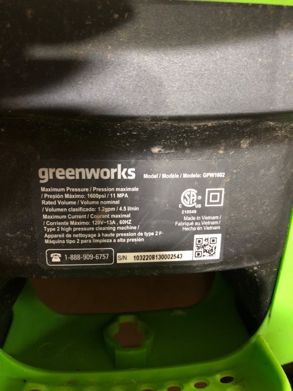 Photo 3 of **USED** Greenworks 1600 PSI 1.2 GPM Pressure Washer (Upright Hand-Carry) 18.5"L x 10.28"W x 8.74"H