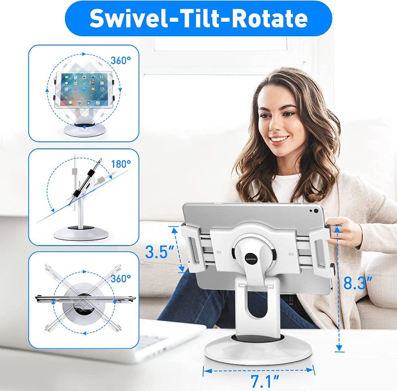 Photo 2 of 
Roll over image to zoom in
AboveTEK Retail Kiosk iPad Stand, 360° Rotating Commercial Tablet Stand, 6"-13" iPad Mini Pro-Business Tablet Holder, Swivel Design for Store POS Office Showcase Reception Kitchen Desktop (White)