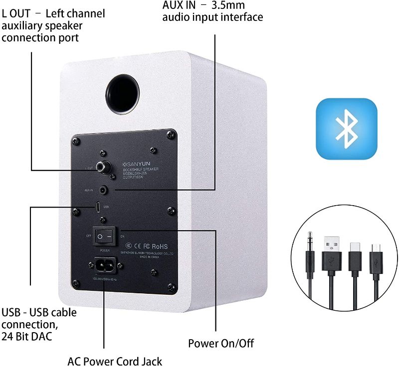 Photo 2 of Sanyun SW208 3" Active Bluetooth 5.0 Bookshelf Speakers – 60W Carbon Fiber Speaker Unit - Built-in 24bit DAC - Dynamic 3D Surround Sound – 2.0 Computer PC Monitor Gaming Speakers (Pair, Black)