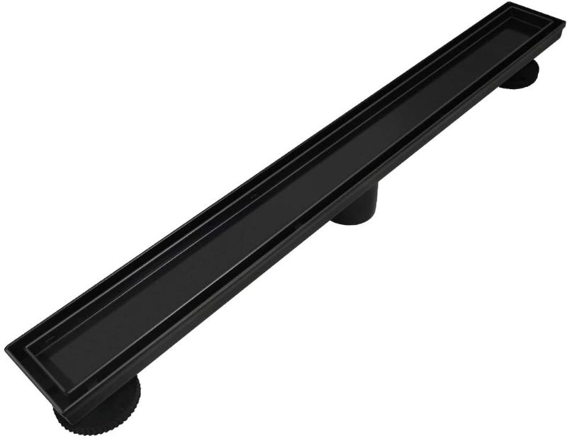 Photo 1 of 24-Inch Linear Shower Drain,with 2-in-1 Flat & Tile Insert Shiny Black Cover, Rectangle Shower Floor Drain, Floor Shower Drain with Adjustable Leveling Feet, Hair Strainer