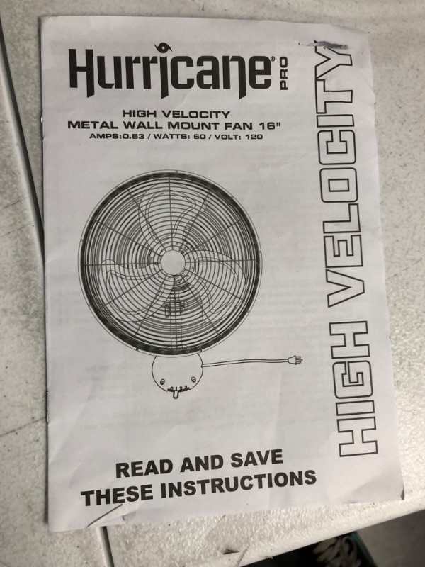 Photo 5 of ***USED*** Hurricane Wall Mount Fan - 16 Inch, Pro Series, High Velocity, Heavy Duty Metal Wall Mount Fan for Industrial, Commercial, Residential, and Greenhouse Use - ETL Listed, Black 16" Wall Mount