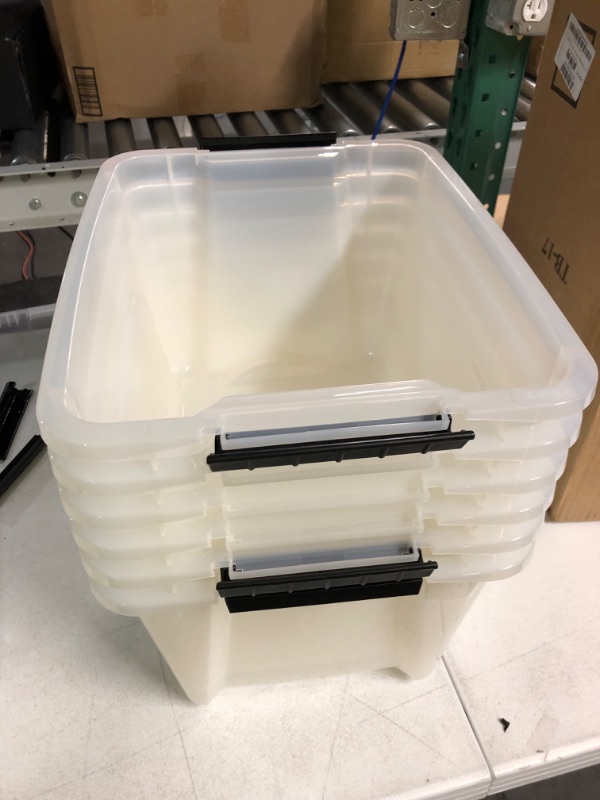 Photo 3 of ***USED/DAMAGED/SEE NOTES*** IRIS USA 19 Qt. Plastic Storage Bin Tote, Stackable and Nestable, 6 Pack, clear with Black Buckle - 6 Pack