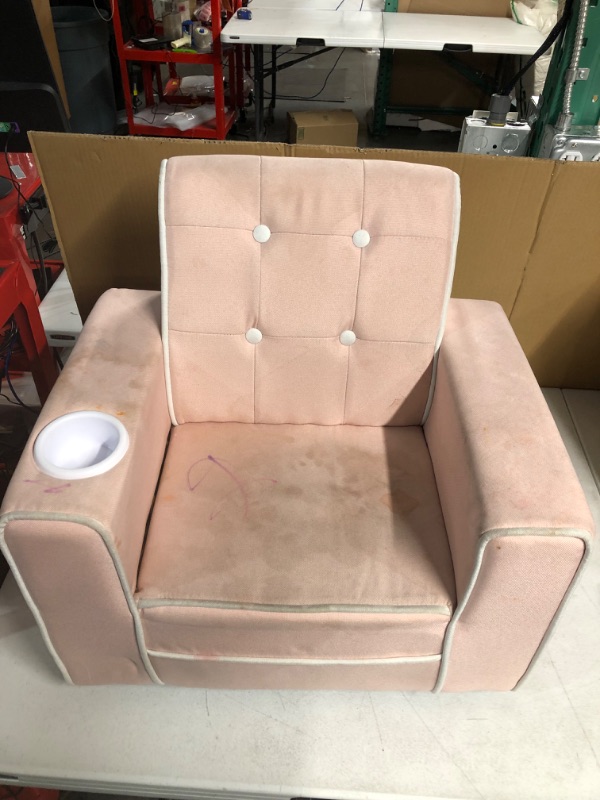 Photo 3 of Delta Children Chelsea Kids Upholstered Chair with Cup Holder, Pink 16"D x 21.75"W x 21"H