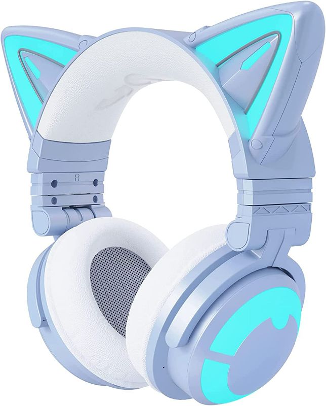 Photo 1 of YOWU RGB Cat Ear Headphone 3G Wireless 5.0 Foldable Gaming Headset with 7.1 Surround Sound, Built-in Mic & Customizable Lighting and Effect via APP, Type-C Charging Audio Cable -Blue
