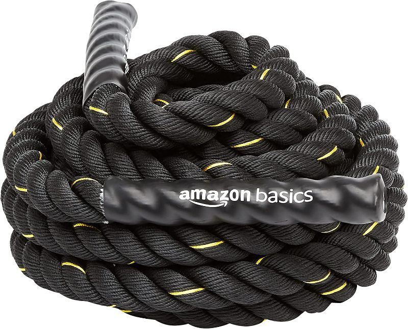 Photo 1 of Amazon Basics 1.5 Inch Heavy Exercise Training Workout Battle Rope - 344 x 1.5 Inch, Black & Workout Fitness Exercise Weighted Medicine Ball - 10 Pounds, Blue and Black 30m ft 