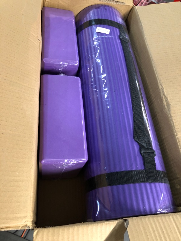 Photo 2 of BalanceFrom  All Purpose 1/2-Inch Extra Thick High Density Anti-Tear Exercise Yoga Mat and Knee Pad with Carrying Strap and Yoga Blocks Purple 