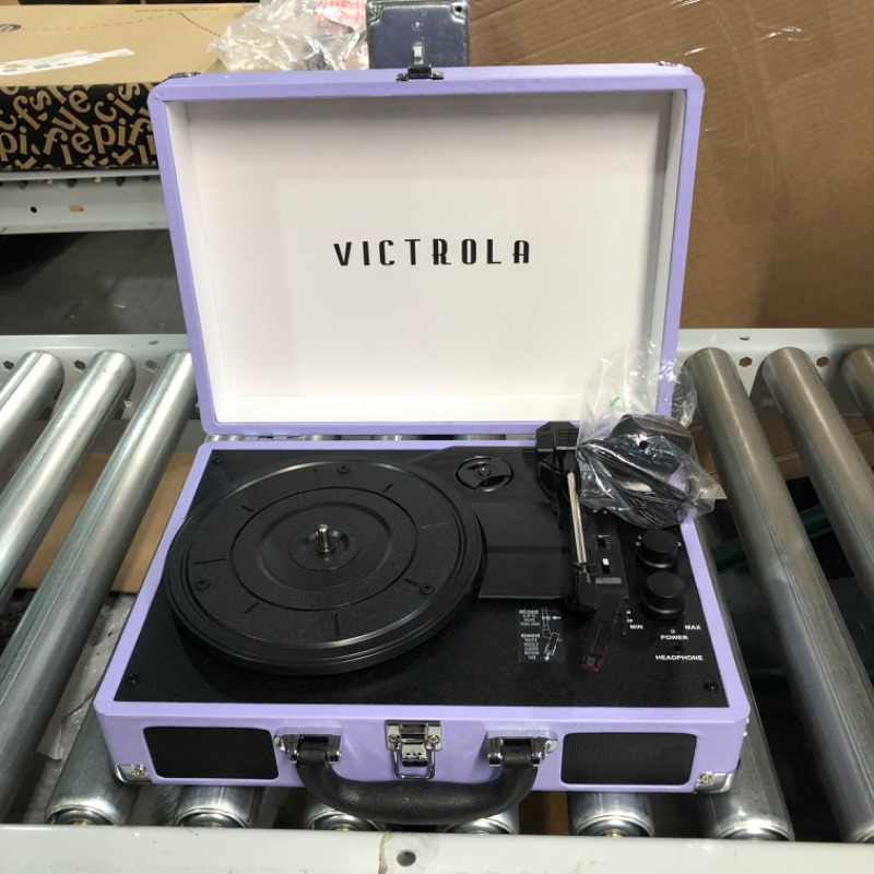 Photo 2 of Victrola Vintage 3-Speed Bluetooth Portable Suitcase Record Player with Built-in Speakers | Upgraded Turntable Audio Sound | Lavender (VSC-550BT-LVG) Lavender/Silver Record Player