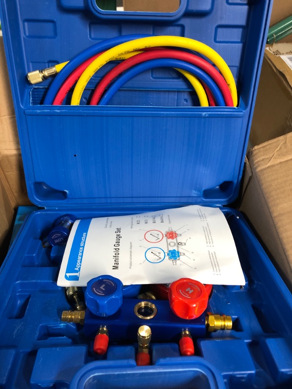 Photo 2 of YaeKoo 110V 3CFM 1/4HP Single Stage Rotary Vane Air Vacuum Pump HVAC A/C Refrigeration Kit AC Manifold Gauge Set R134A R12 R22 R404A R410A with Carrying Bag/Tote