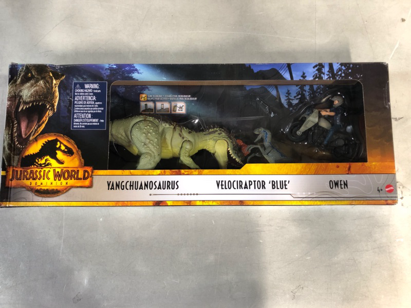 Photo 2 of Jurassic World Dominion 3 Pack Figures & Dinosaurs, Owen Grady Motorcycle Yangchuanosaurus & Blue, Helmet & Tranquilizer, Ages 4 Years & Up