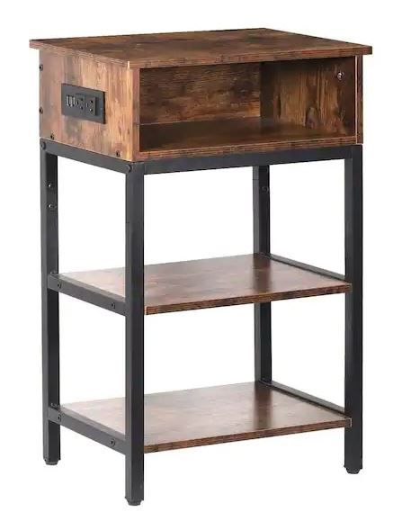 Photo 1 of 15.75 in. Brown End Table 3-Tier, Narrow Wood Side Table with USB Ports Power Outlets, Nightstand