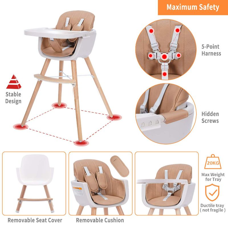 Photo 1 of Baby High Chair, 3-in-1 Convertible Wooden High Chair with Adjustable Legs & Double Dishwasher Safe Tray  Made of Sleek Hardwood & Premium Leatherette Cream