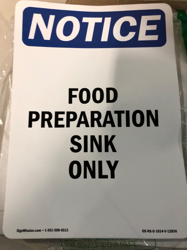 Photo 2 of OSHA Notice Sign - Food Preparation Sink Only | Vinyl Label Decal 