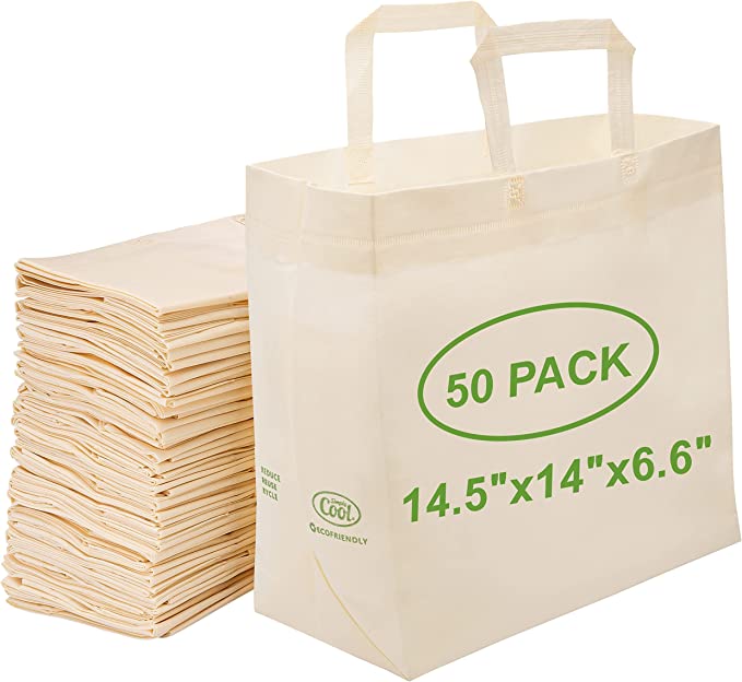 Photo 1 of 50 Pack Reusable Eco-Friendly Grocery Shopping Bags 14.5"x14"x6.6" Durable, Foldable, Portable Tote Bag, Cream