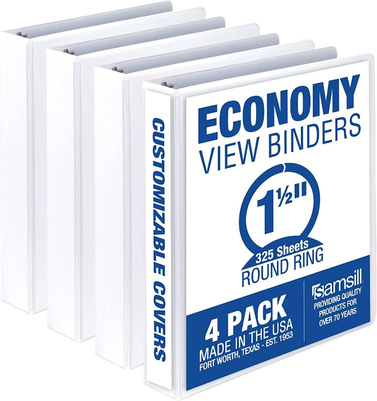 Photo 1 of Samsill Economy 1.5 Inch 3 Ring Binder, Made in the USA, Round Ring Binder, Customizable Clear View Cover, White, 4 Pack (MP48557)