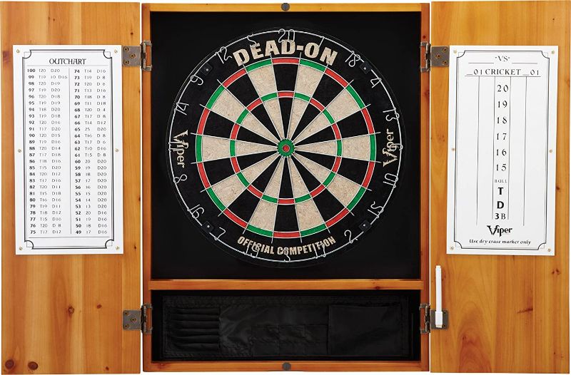 Photo 1 of Viper Metropolitan Solid Wood Cabinet & Sisal/Bristle Dartboard Ready-to-Play Bundle with Steel-Tip Darts, Integrated Storage, Dry Erase Scoreboard & Out-Chart in Multiple Stain Options