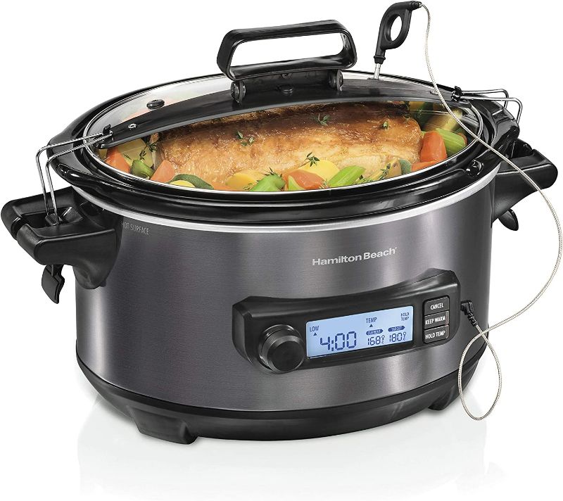 Photo 1 of **SEE INFO** Hamilton Beach Portable 6 Quart Set & Forget Digital Programmable Slow Cooker with Lid Lock, Temperature Probe, Dishwasher Safe Crock & Lid, Black Stainless (33866)
